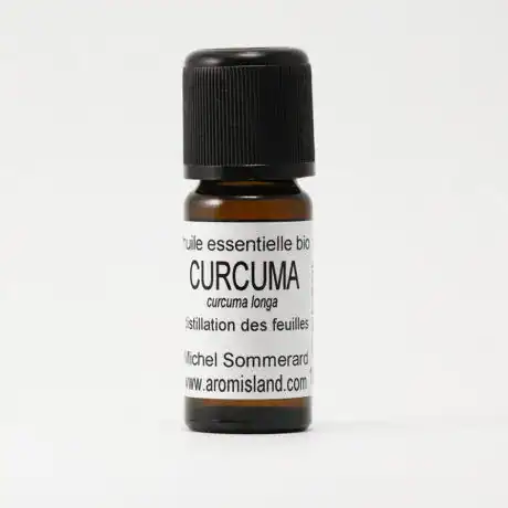 Flacon d' Huile Essentielle de Curcuma Feuille Bio ( Curcuma longa ) , distillation pure et biologique.