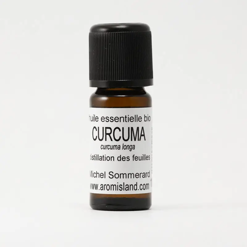 Flacon d' Huile Essentielle de Curcuma Feuille Bio ( Curcuma longa ) , distillation pure et biologique.