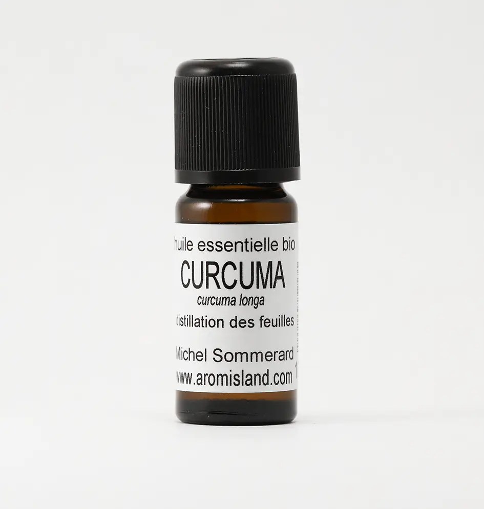 Flacon d' Huile Essentielle de Curcuma Feuille Bio ( Curcuma longa ) , distillation pure et biologique.