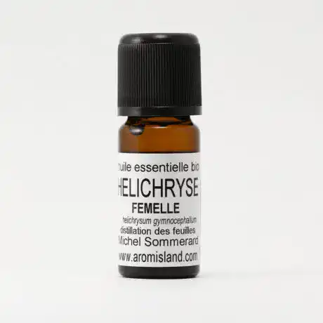 Flacon d’Huile Essentielle d’Hélichryse Femelle Bio (Helichrysium gymnocephalum), distillation pure et biologique.
