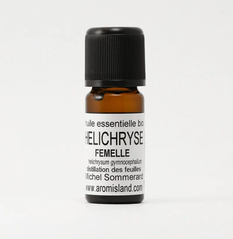 Flacon d’Huile Essentielle d’Hélichryse Femelle Bio (Helichrysium gymnocephalum), distillation pure et biologique.