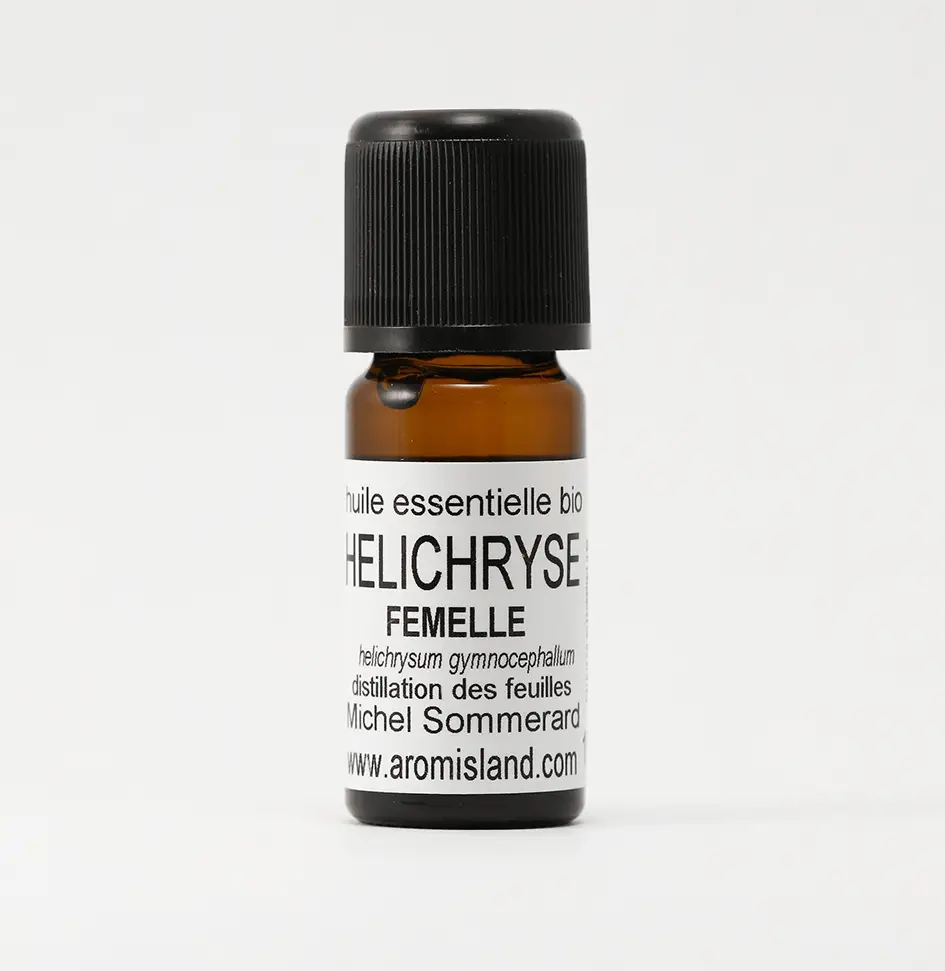 Flacon d’Huile Essentielle d’Hélichryse Femelle Bio (Helichrysium gymnocephalum), distillation pure et biologique.
