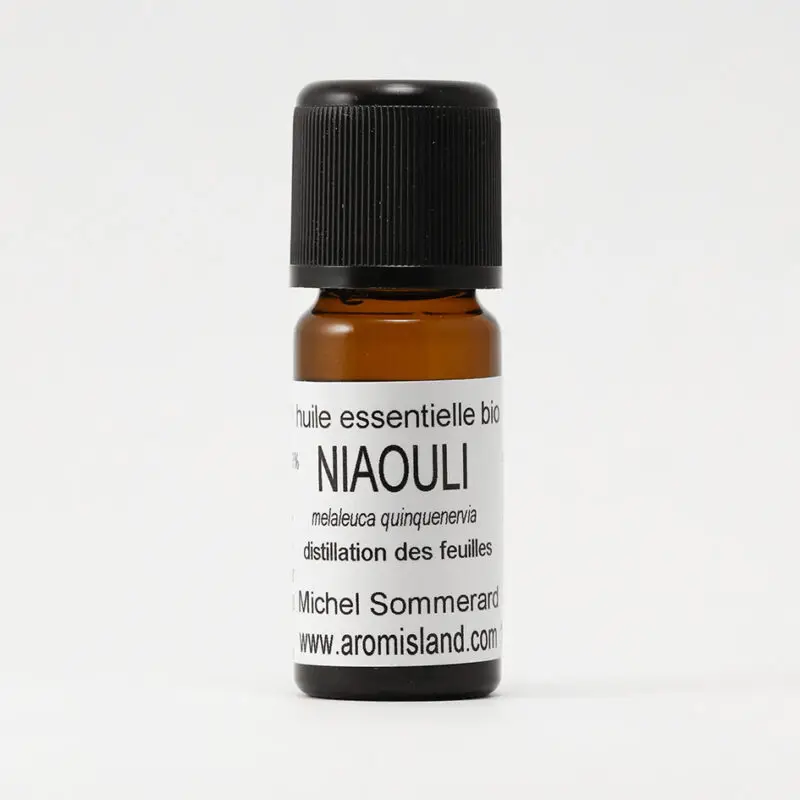 Flacon d’Huile Essentielle de Niaouli Bio (Melaleuca quinquenervia), distillation pure et biologique.