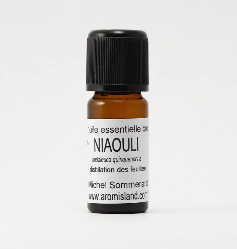 Flacon d’Huile Essentielle de Niaouli Bio (Melaleuca quinquenervia), distillation pure et biologique.