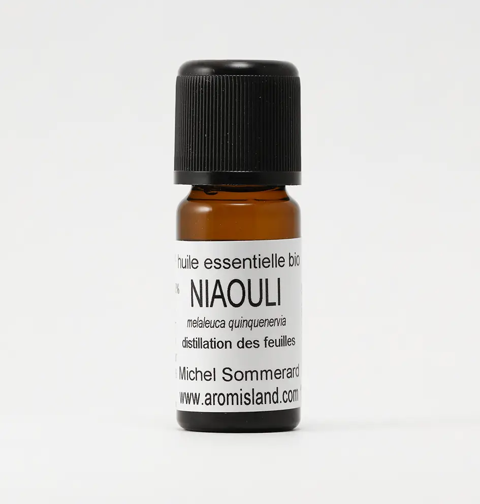 Flacon d’Huile Essentielle de Niaouli Bio (Melaleuca quinquenervia), distillation pure et biologique.