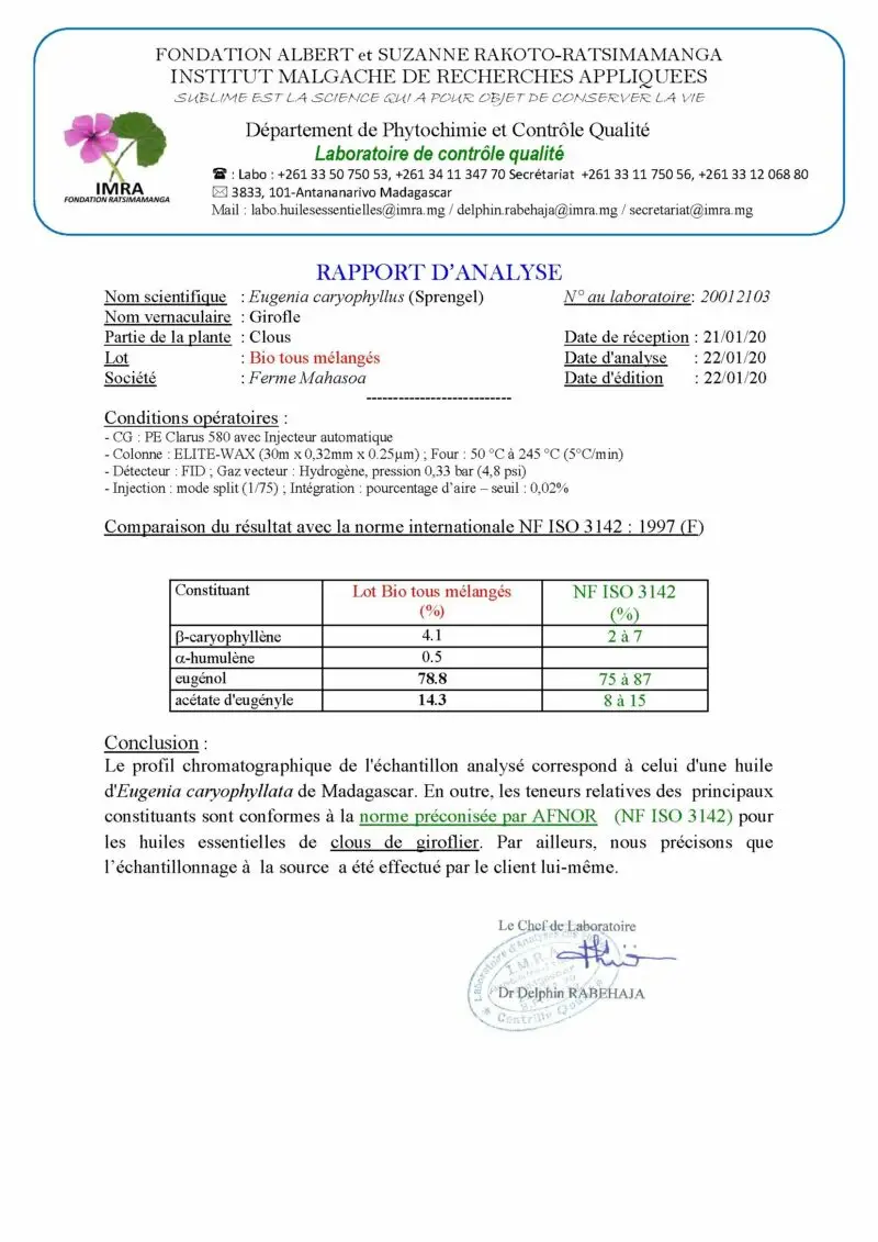 Résultat d’analyse chromatographique confirmant la haute teneur en eugénol et acétate d’eugényle.
