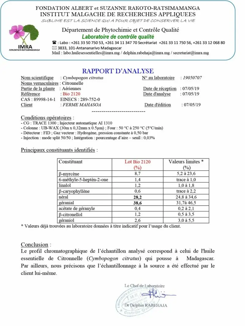 Résultat d'analyse chromatographique garantissant la pureté et la richesse moléculaire de l'huile essentielle.