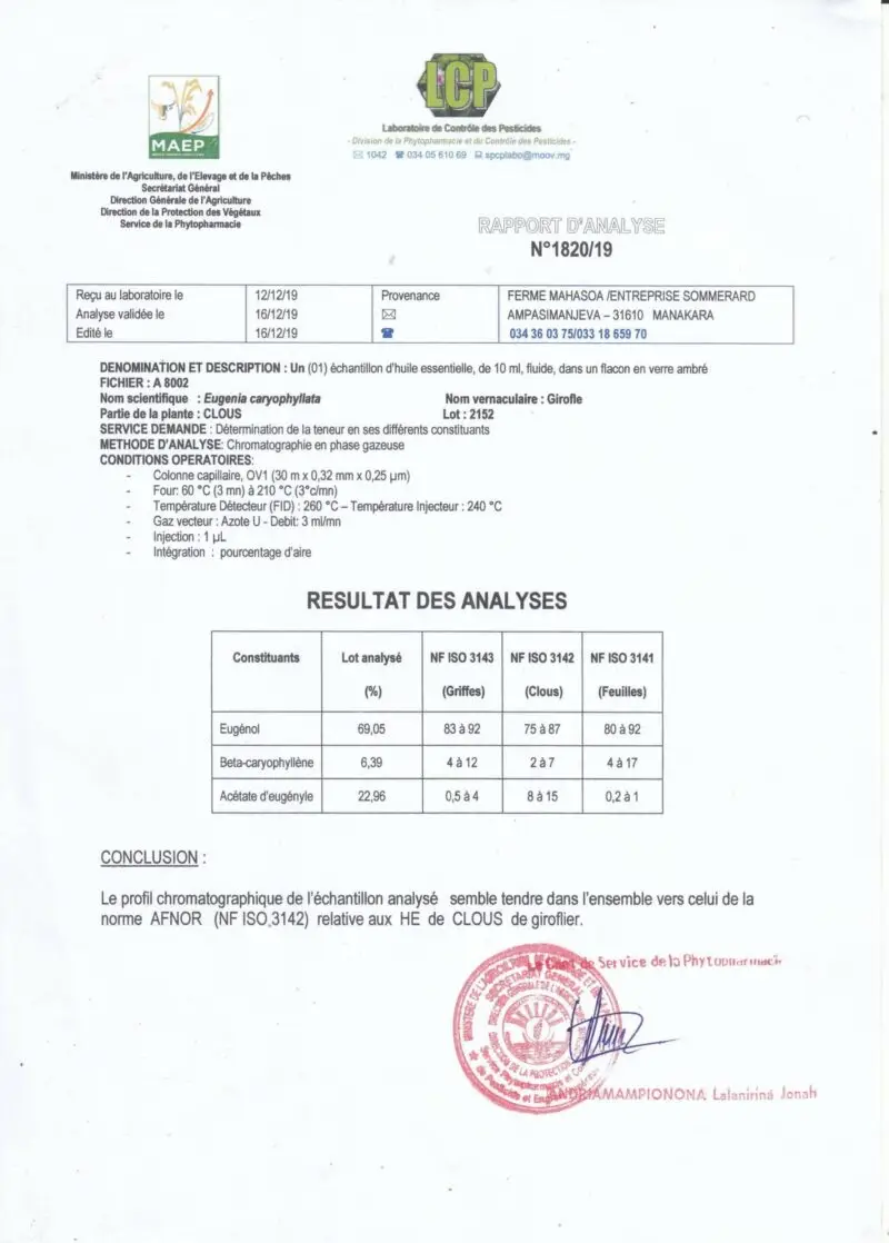 Résultat d’analyse chromatographique confirmant la teneur exceptionnelle en acétate d’eugényle (23-29 %).