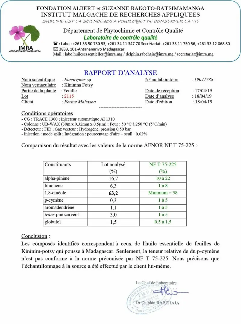 Résultat d’analyse chromatographique garantissant la pureté et l’authenticité de l’huile essentielle.