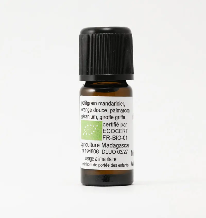 Ingrédients naturels de la Synergie Relax Apaisement et Sérénité – Orange douce, Mandarine, Petitgrain Bigaradier, Palmarosa et Géranium