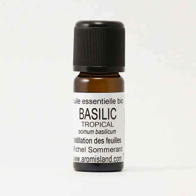 Flacon d' Huile Essentielle de Basilic Tropical Bio ( Ocimum basilicum ) , distillation pure et biologique.