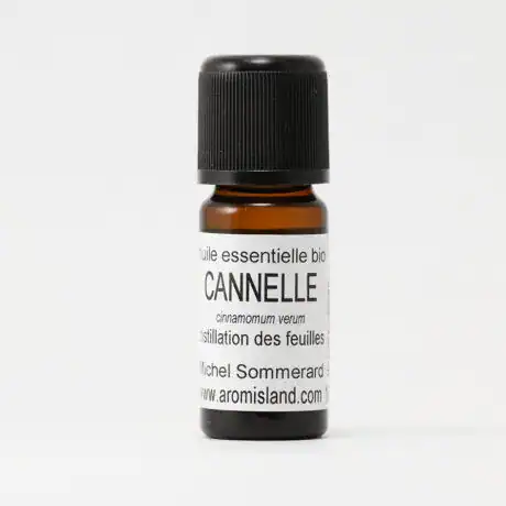 Flacon d' Huile Essentielle de Cannelle Feuille Bio ( Cinnamomum verum ) , distillation pure et biologique.
