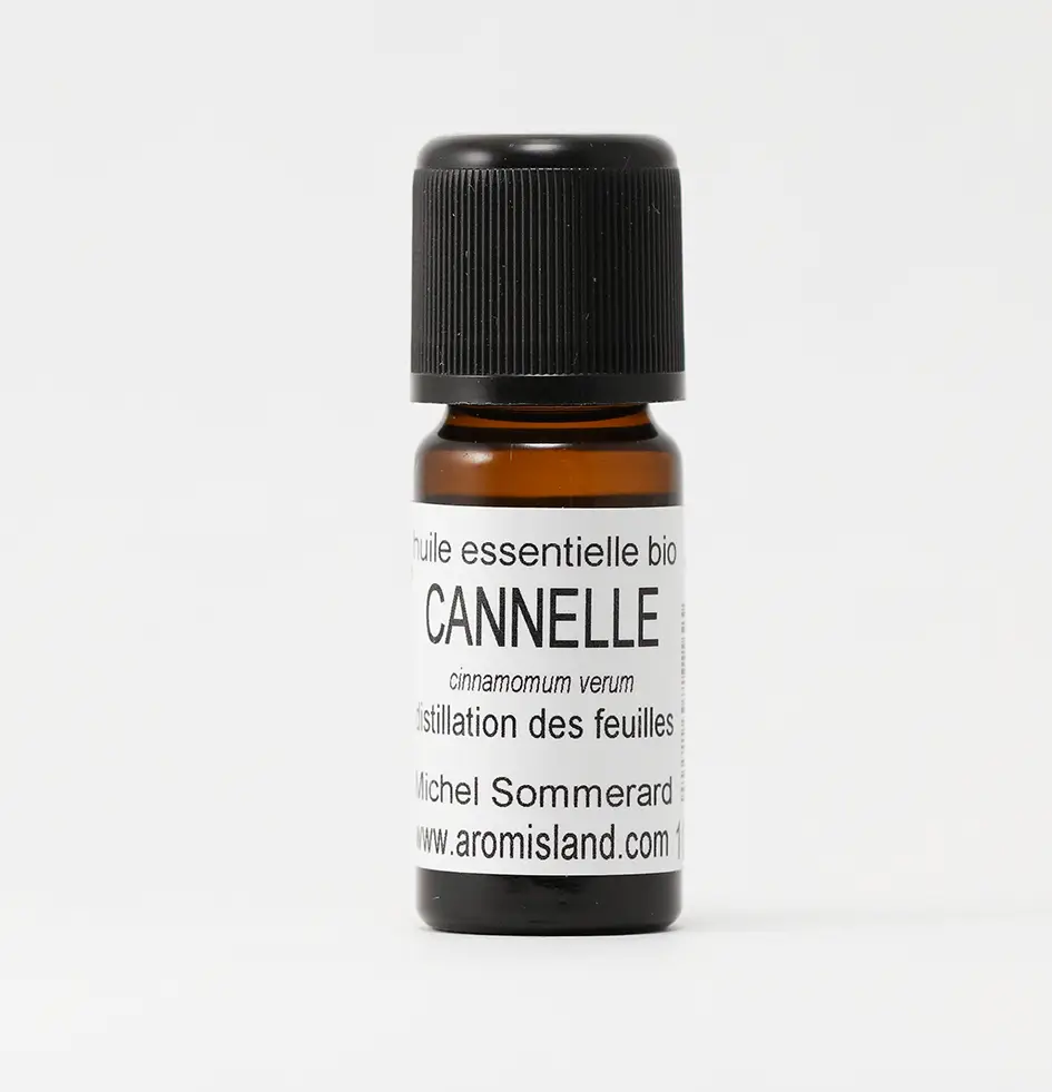 Flacon d' Huile Essentielle de Cannelle Feuille Bio ( Cinnamomum verum ) , distillation pure et biologique.