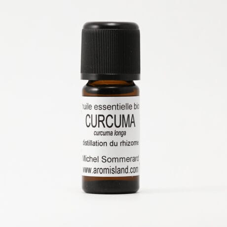 Flacon d' Huile Essentielle de Curcuma Rhizome Bio ( Curcuma longa ) , distillation pure et biologique.