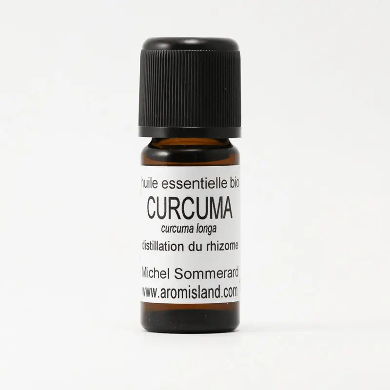 Flacon d' Huile Essentielle de Curcuma Rhizome Bio ( Curcuma longa ) , distillation pure et biologique.
