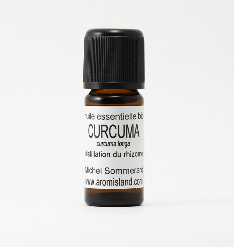 Flacon d' Huile Essentielle de Curcuma Rhizome Bio ( Curcuma longa ) , distillation pure et biologique.