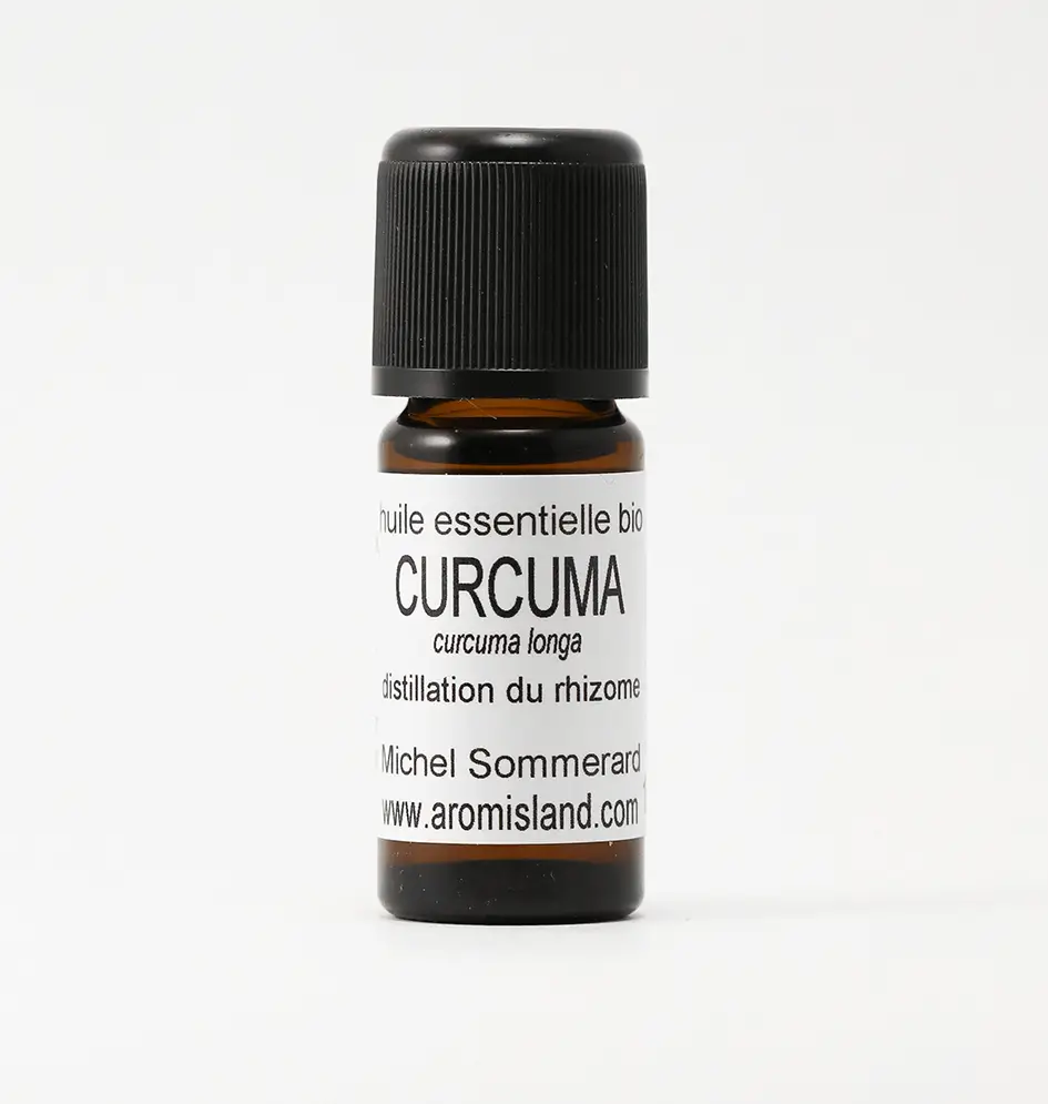 Flacon d' Huile Essentielle de Curcuma Rhizome Bio ( Curcuma longa ) , distillation pure et biologique.