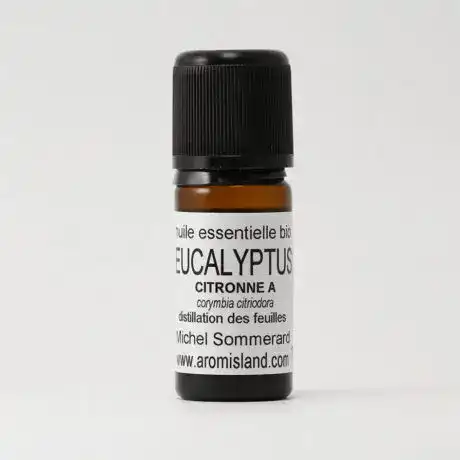 Flacon d' Huile Essentielle d'Eucalyptus Citronné Bio ( Corymbia citriodora ) , distillation pure et biologique.