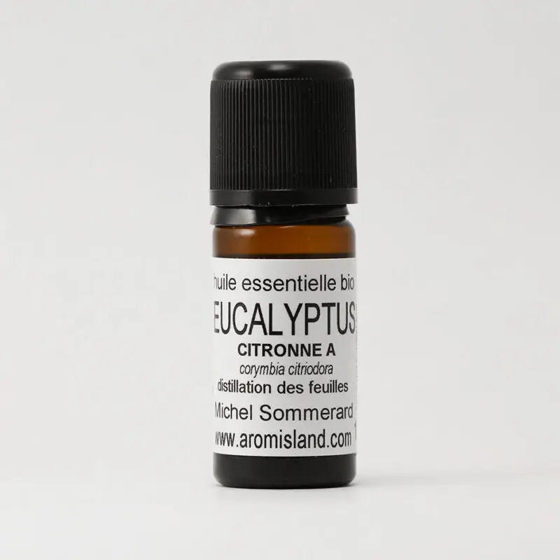 Flacon d' Huile Essentielle d'Eucalyptus Citronné Bio ( Corymbia citriodora ) , distillation pure et biologique.