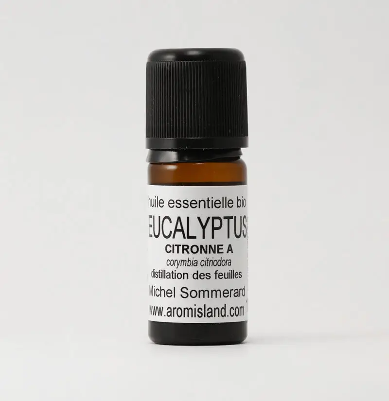 Flacon d' Huile Essentielle d'Eucalyptus Citronné Bio ( Corymbia citriodora ) , distillation pure et biologique.