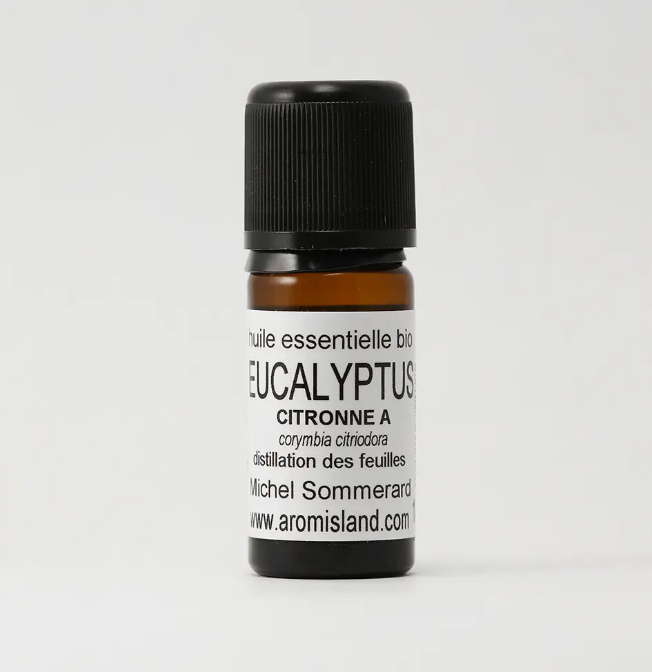 Flacon d' Huile Essentielle d'Eucalyptus Citronné Bio ( Corymbia citriodora ) , distillation pure et biologique.