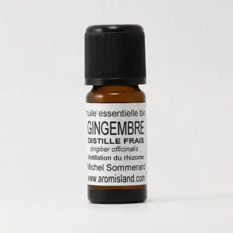 Flacon d’Huile Essentielle de Gingembre Frais Bio (Zingiber officinale), distillation pure et biologique.