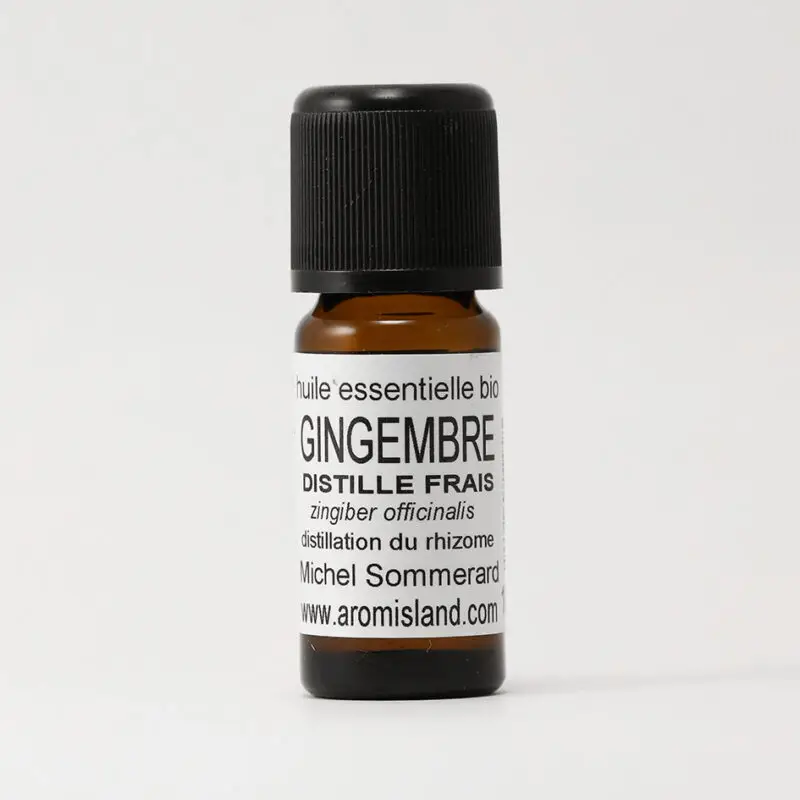 Flacon d’Huile Essentielle de Gingembre Frais Bio (Zingiber officinale), distillation pure et biologique.