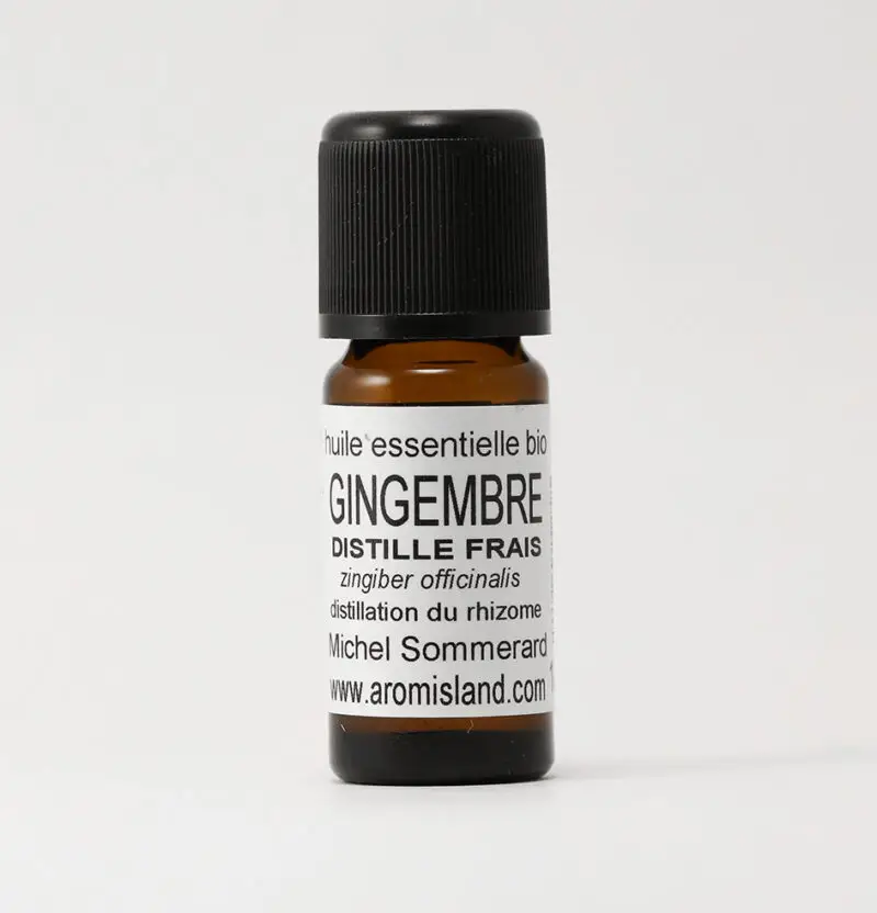 Flacon d’Huile Essentielle de Gingembre Frais Bio (Zingiber officinale), distillation pure et biologique.