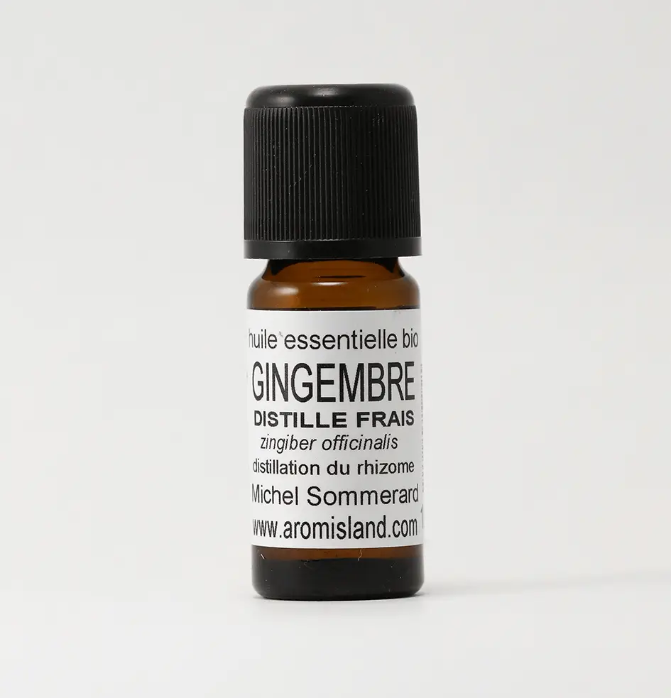 Flacon d’Huile Essentielle de Gingembre Frais Bio (Zingiber officinale), distillation pure et biologique.