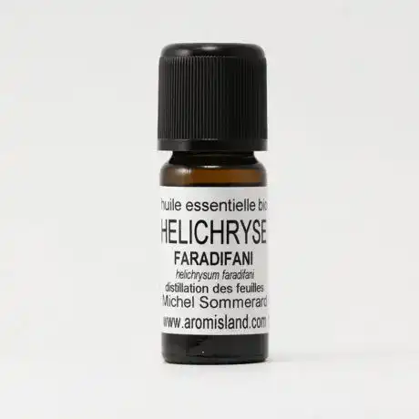 Flacon d’Huile Essentielle d’Hélichryse Faradifani Bio (Helichrysium faradifani), distillation pure et biologique.