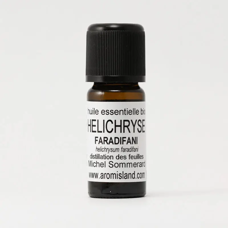 Flacon d’Huile Essentielle d’Hélichryse Faradifani Bio (Helichrysium faradifani), distillation pure et biologique.