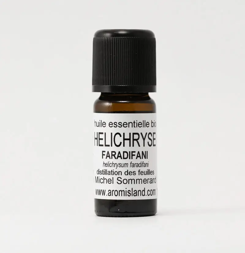 Flacon d’Huile Essentielle d’Hélichryse Faradifani Bio (Helichrysium faradifani), distillation pure et biologique.