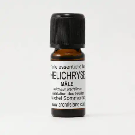 Flacon d’Huile Essentielle d’Hélichryse Mâle Bio (Helichrysium bracteiferum), distillation pure et biologique.