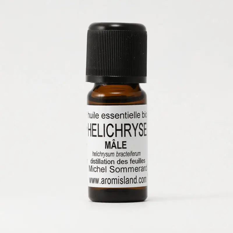 Flacon d’Huile Essentielle d’Hélichryse Mâle Bio (Helichrysium bracteiferum), distillation pure et biologique.