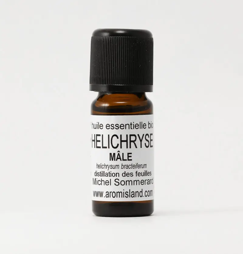 Flacon d’Huile Essentielle d’Hélichryse Mâle Bio (Helichrysium bracteiferum), distillation pure et biologique.