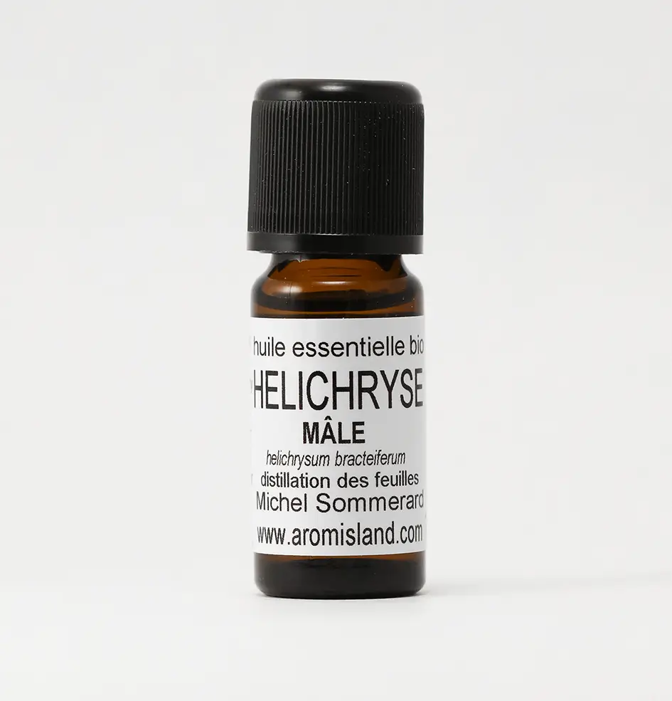 Flacon d’Huile Essentielle d’Hélichryse Mâle Bio (Helichrysium bracteiferum), distillation pure et biologique.