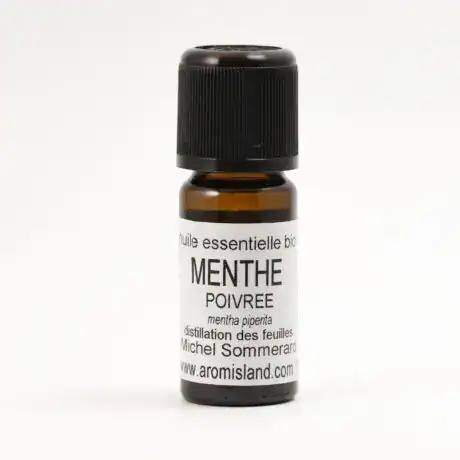 Flacon d’Huile Essentielle de Menthe Poivrée Bio (Mentha piperita), distillation pure et biologique.
