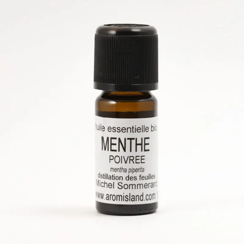 Flacon d’Huile Essentielle de Menthe Poivrée Bio (Mentha piperita), distillation pure et biologique.