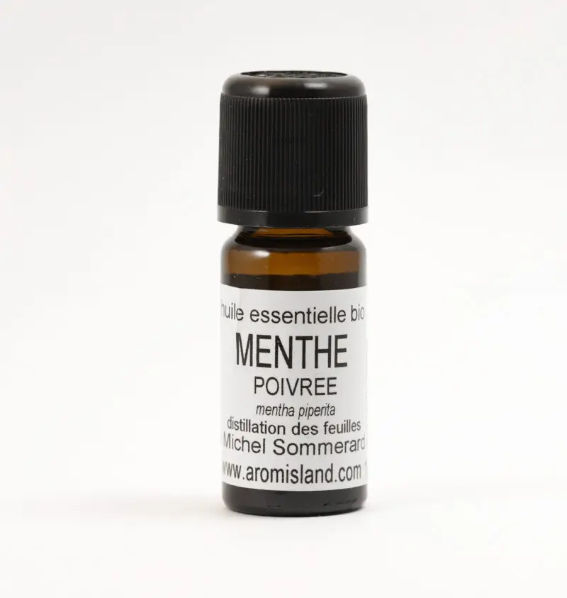 Flacon d’Huile Essentielle de Menthe Poivrée Bio (Mentha piperita), distillation pure et biologique.