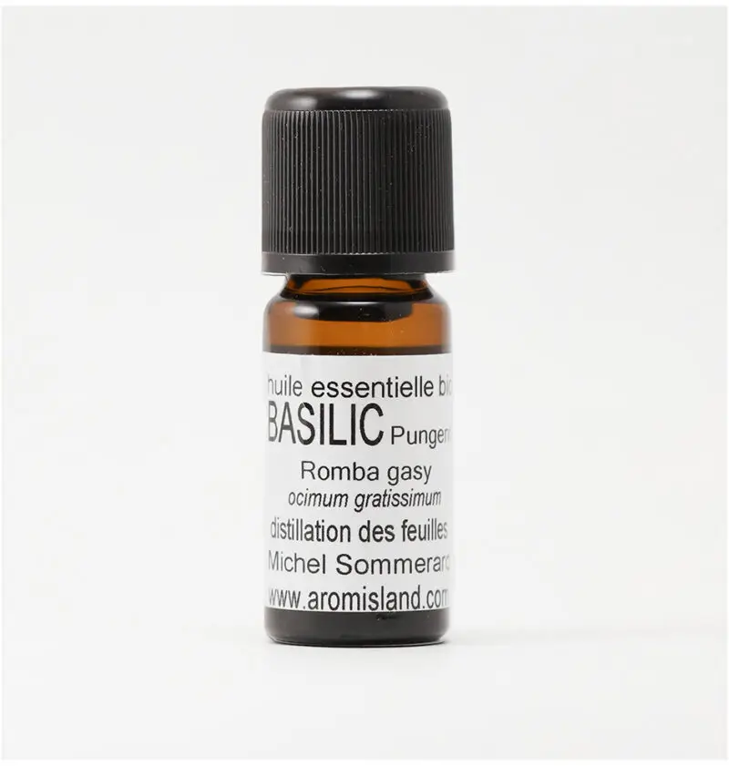 Flacon d' Huile Essentielle de Basilic Pungent Bio ( Ocimum gratissimum ) , distillation pure et biologique.