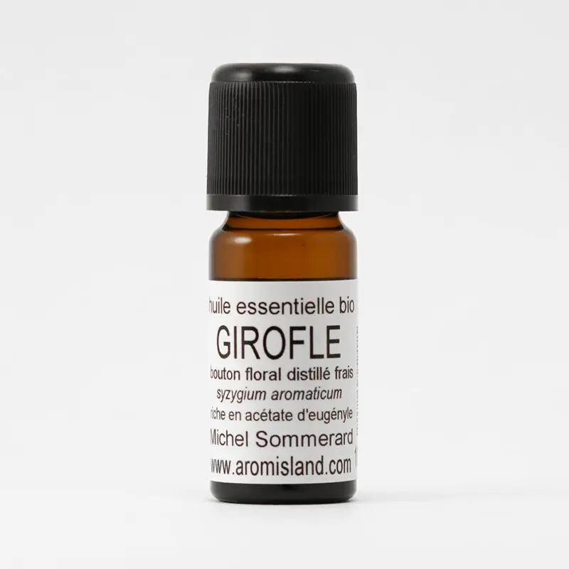 Flacon d’Huile Essentielle de Clou de Girofle Super Bio (Syzygium aromaticum), distillation pure et biologique.