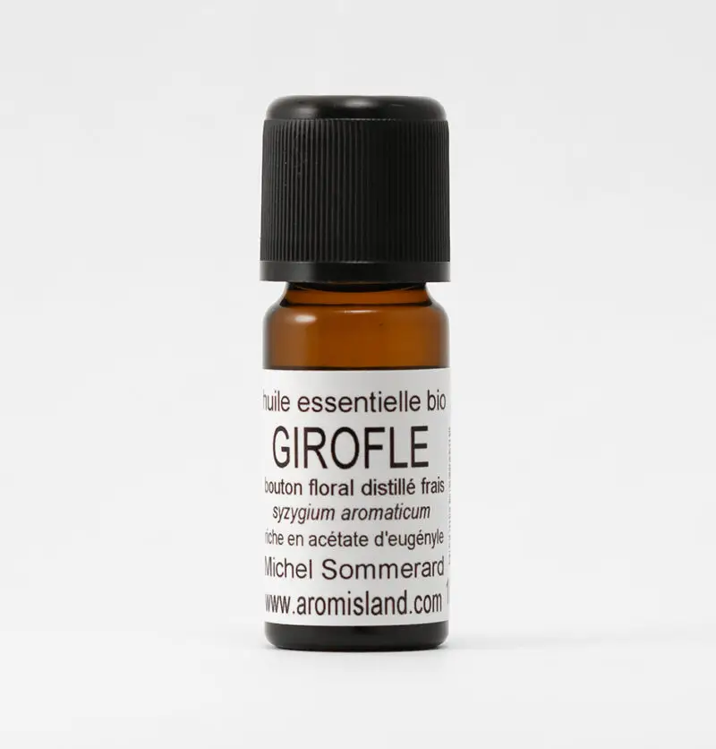 Flacon d’Huile Essentielle de Clou de Girofle Super Bio (Syzygium aromaticum), distillation pure et biologique.