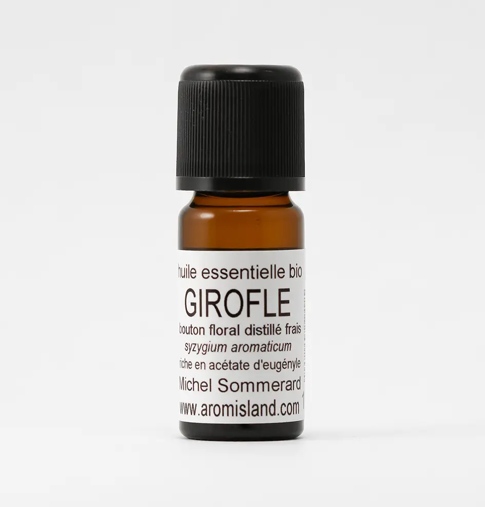 Flacon d’Huile Essentielle de Clou de Girofle Super Bio (Syzygium aromaticum), distillation pure et biologique.
