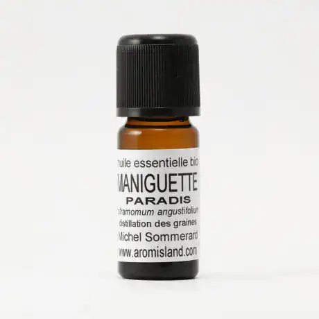 Flacon d’Huile Essentielle de Paradis Bio (Aframomum angustifolium), extrait rare et précieux.