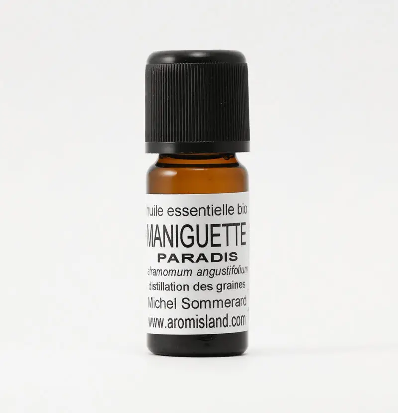 Flacon d’Huile Essentielle de Paradis Bio (Aframomum angustifolium), extrait rare et précieux.