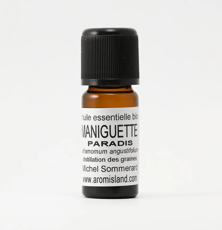 Flacon d’Huile Essentielle de Paradis Bio (Aframomum angustifolium), extrait rare et précieux.