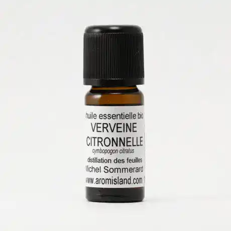 Flacon d' Huile Essentielle de Verveine Citronnelle Bio (Cymbopogon citratus) , extrait pur et lumineux de Madagascar.