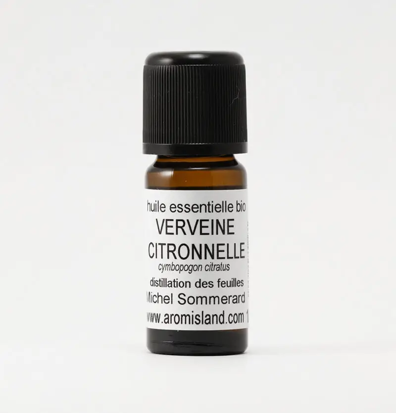 Flacon d' Huile Essentielle de Verveine Citronnelle Bio (Cymbopogon citratus) , extrait pur et lumineux de Madagascar.