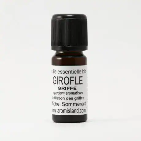 Flacon d’Huile Essentielle de Girofle Griffe Bio (Syzygium aromaticum), distillation pure et biologique.