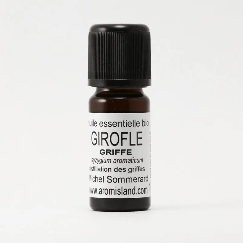 Flacon d’Huile Essentielle de Girofle Griffe Bio (Syzygium aromaticum), distillation pure et biologique.